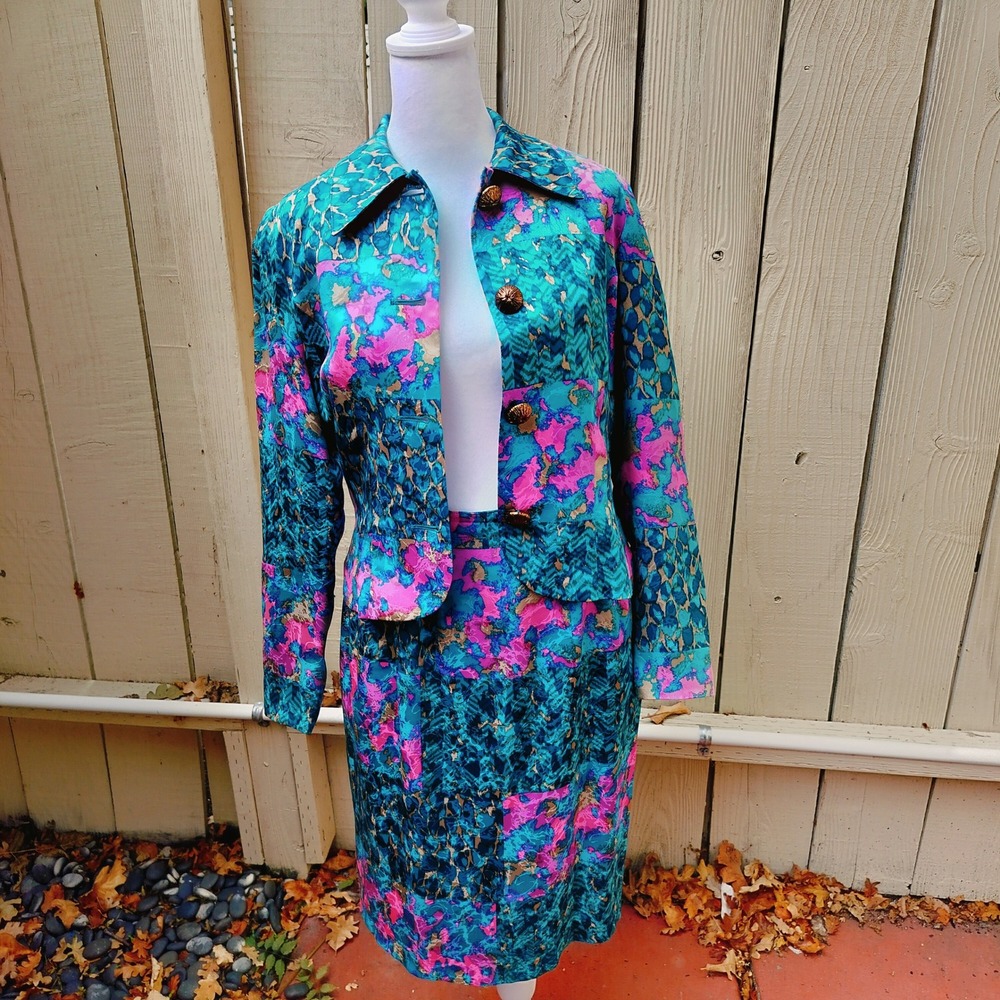 Vintage Anne Crimmins for Umi Collections Silk Skirt Suit Turquoise‎ Pink 80s